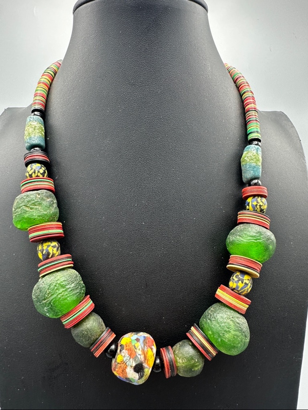 Handcrafted Green Glass Bead Necklace with Multicolor Accents